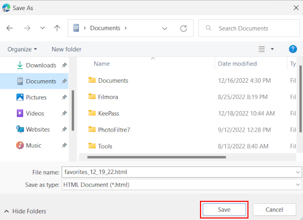Save Microsoft Edge favorites to a file