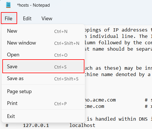 Save the Windows Hosts file in Notepad