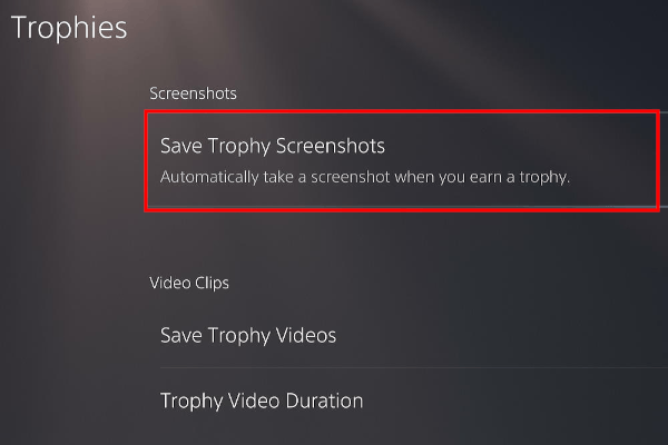 Save Trophy Screenshots setting on a PlayStation 5