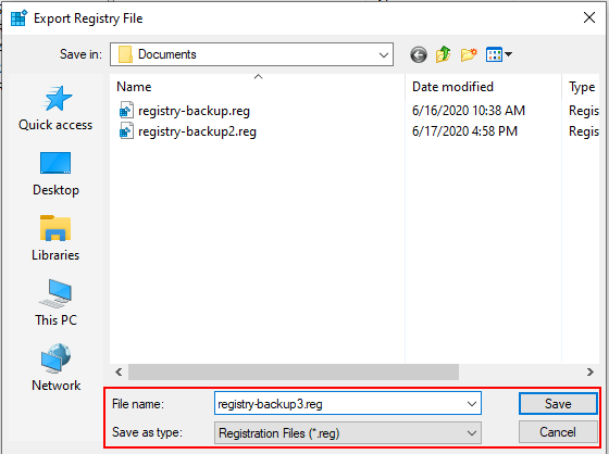 Enregistrer le fichier de sauvegarde du registre Windows