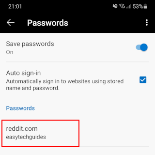 Mot de passe enregistré dans Microsoft Edge sur Android