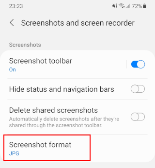 Screenshot format setting on Android