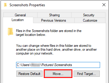 Screenshots Properties Move button