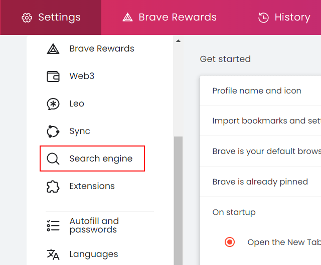 Search engine settings in Brave browser