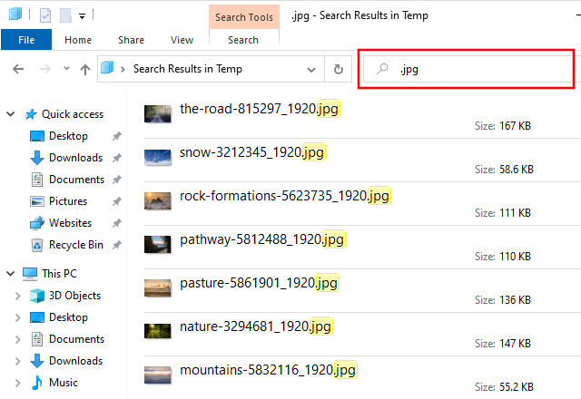 Search for file extension in File Explorer in Windows 10