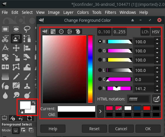 Select a color in GIMP 2