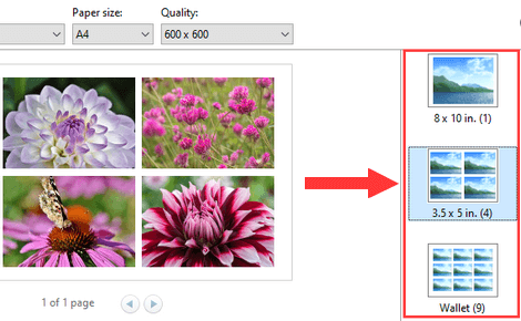 Select a layout in Print Pictures wizard in Windows 10