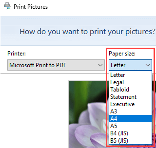 Select a paper size in Print Pictures wizard in Windows 10