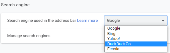 Select a search engine in Google Chrome