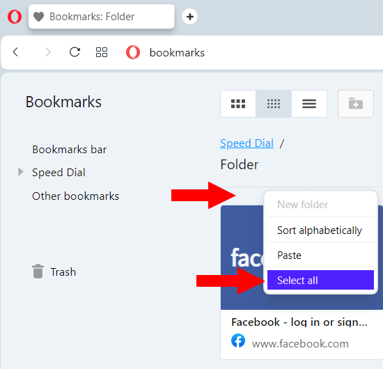 Select all bookmarks in Opera