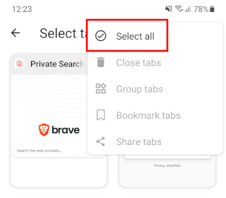 Select all open tabs in Brave browser on Android
