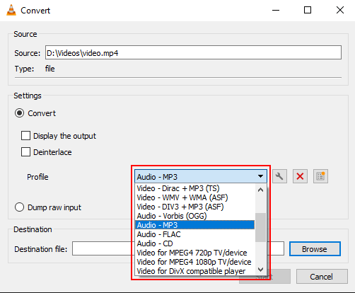 Select an audio format in VLC media player