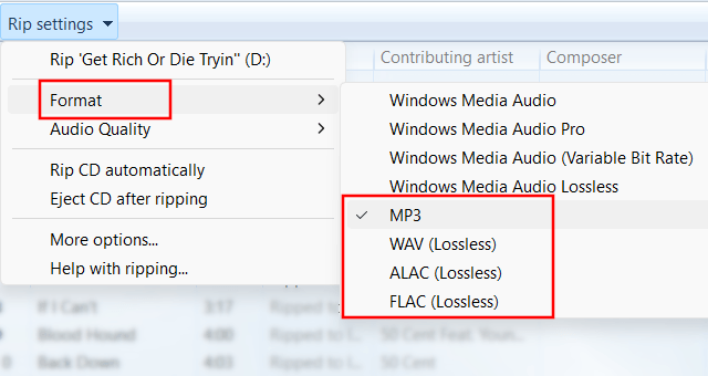 Select an audio format in Windows Media Player