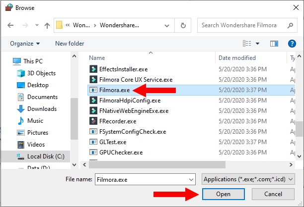 Select and open Filmora
