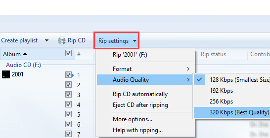 Windows Media Player RIP 설정에서 오디오 품질을 선택하십시오