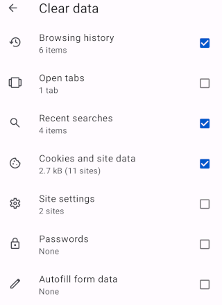 Select browsing data in Opera mobile