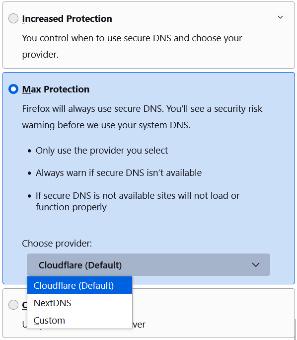 Select a DNS service provider in Firefox