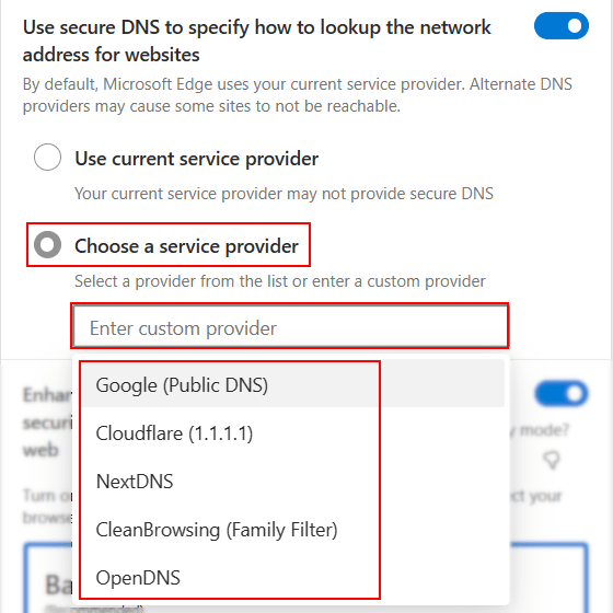Select a DNS service provider in Microsoft Edge