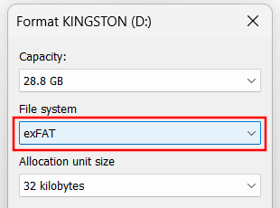 Select exFAT file system