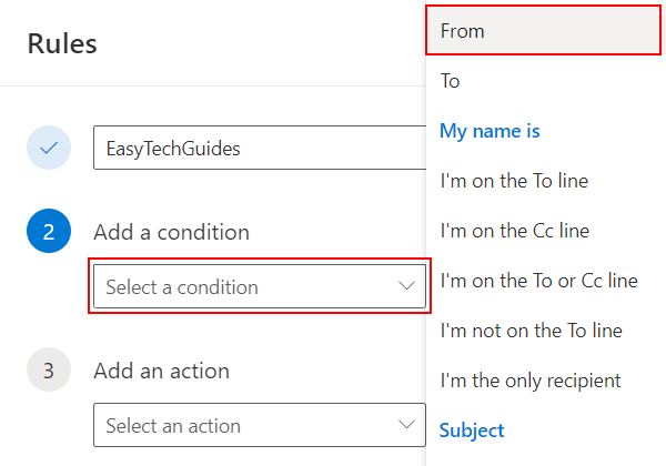 Select From as a condition on Outlook