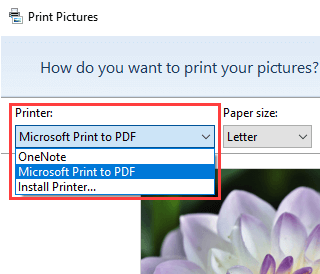 Select Microsoft Print to PDF in Windows 10