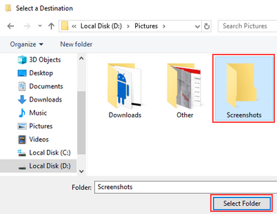 Select new destination for Screenshots folder in Windows 10