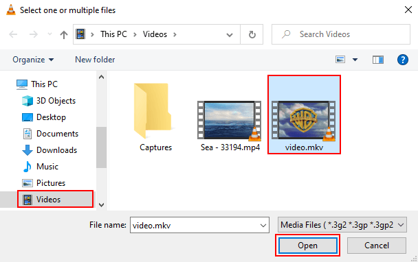 The Select one or multiple files window in VLC media player