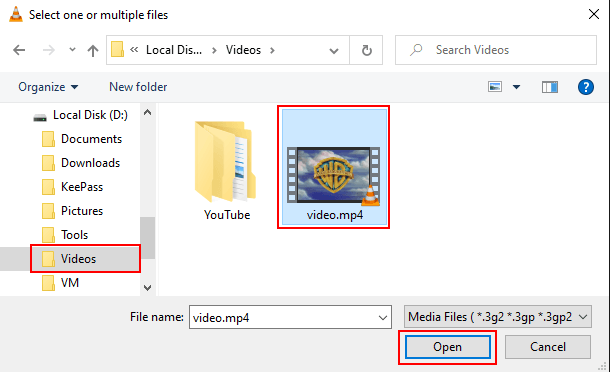 Select one or multiple files window in VLC media player