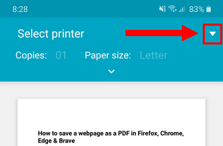 Select printer button in Microsoft Edge on Android