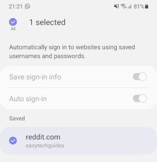 Select saved passwords in Samsung Internet