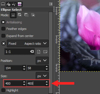 Select size for image in GIMP