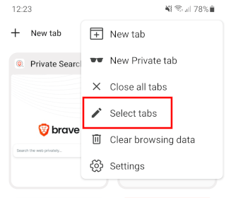 Select tabs in Brave browser on Android