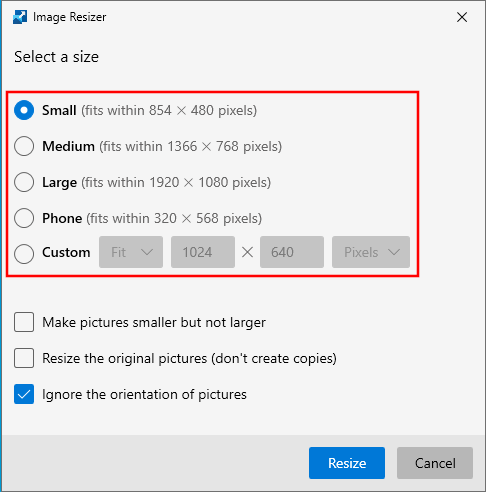 Select the image size in Microsoft PowerToys Image Resizer