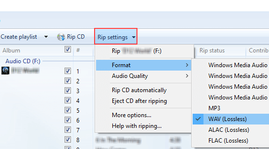 Select WAV audio format in Windows Media Player