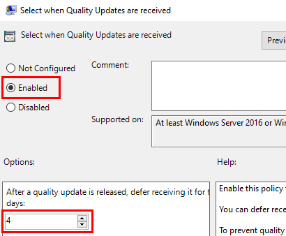 Select when Quality Updates are received settings in Windows 10
