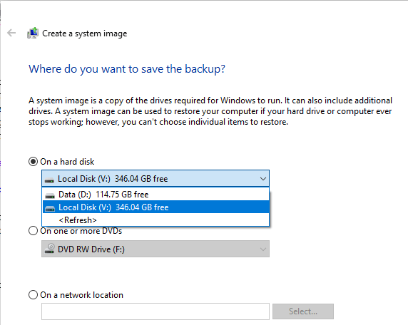 Select where to save the system image backup options in Windows 10