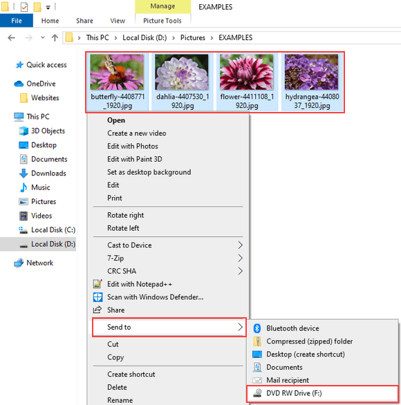 Enviar archivos a la unidad de quemador CD/DVD en el explorador de archivos en Windows 10