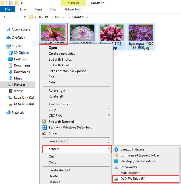 Send pictures to CD/DVD burner drive in Windows Explorer