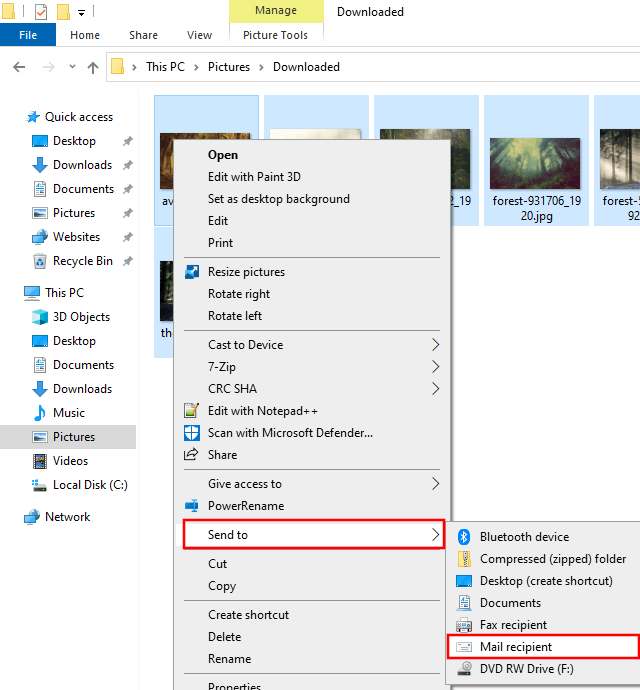 Send to mail recipient option in Windows 10