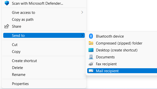 Send to mail recipient option in Windows 11