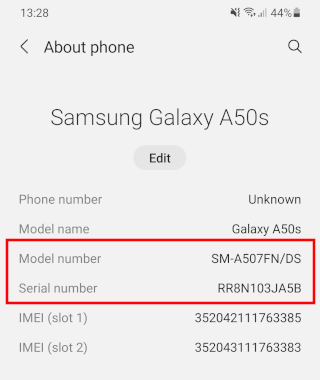serial and model number of Samsung phone