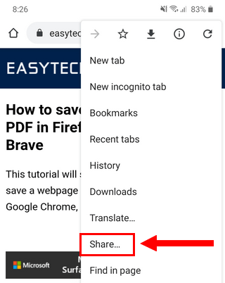 Share feature in Google Chrome on Android
