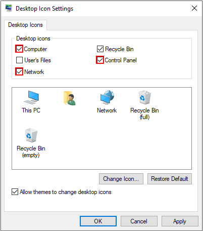 Show Computer, Control Panel, or Network icon on the desktop in Windows 10