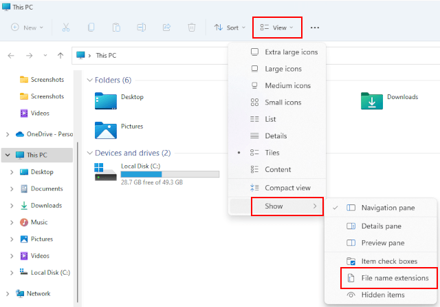 Show file name extensions in Windows 11