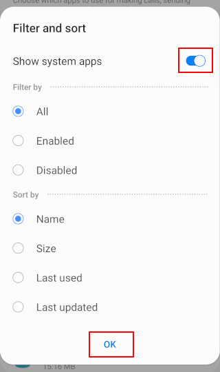 Show system apps on a Samsung phone