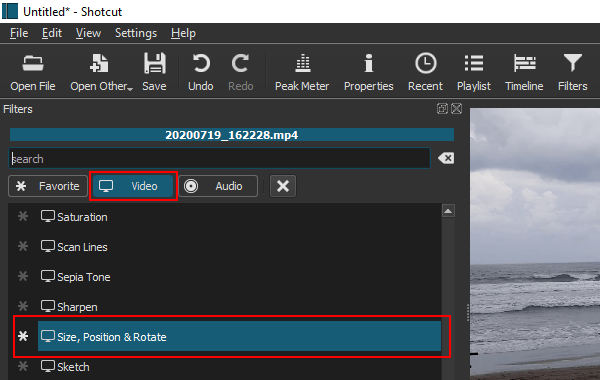 Size, Position & Rotate filter in Shotcut