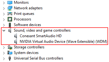 Sound, video and game controllers in Windows Device Manager