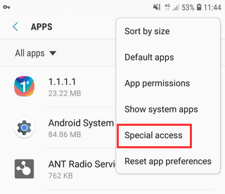 Special access option for apps on a Samsung Galaxy with Android 8