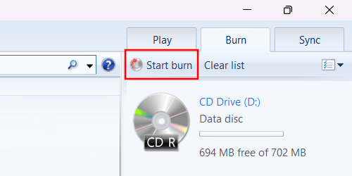 Start burn button in Windows Media Player