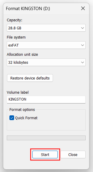 Start formatting USB drive